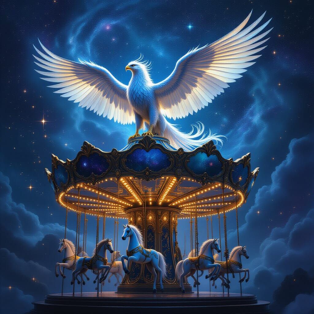 Majestic Griffin on Cosmic Carousel in Epic Fantasy Style