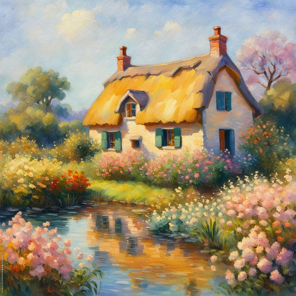 Idyllic Cottage by Lake in Neo-Impressionism Style