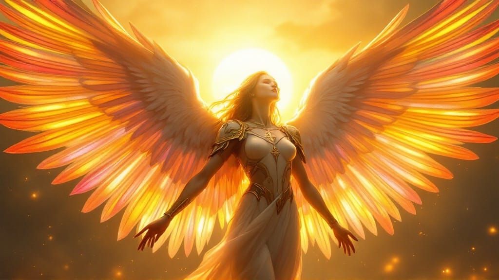 Ethereal Guardian Angel Radiates Sunrise Colors