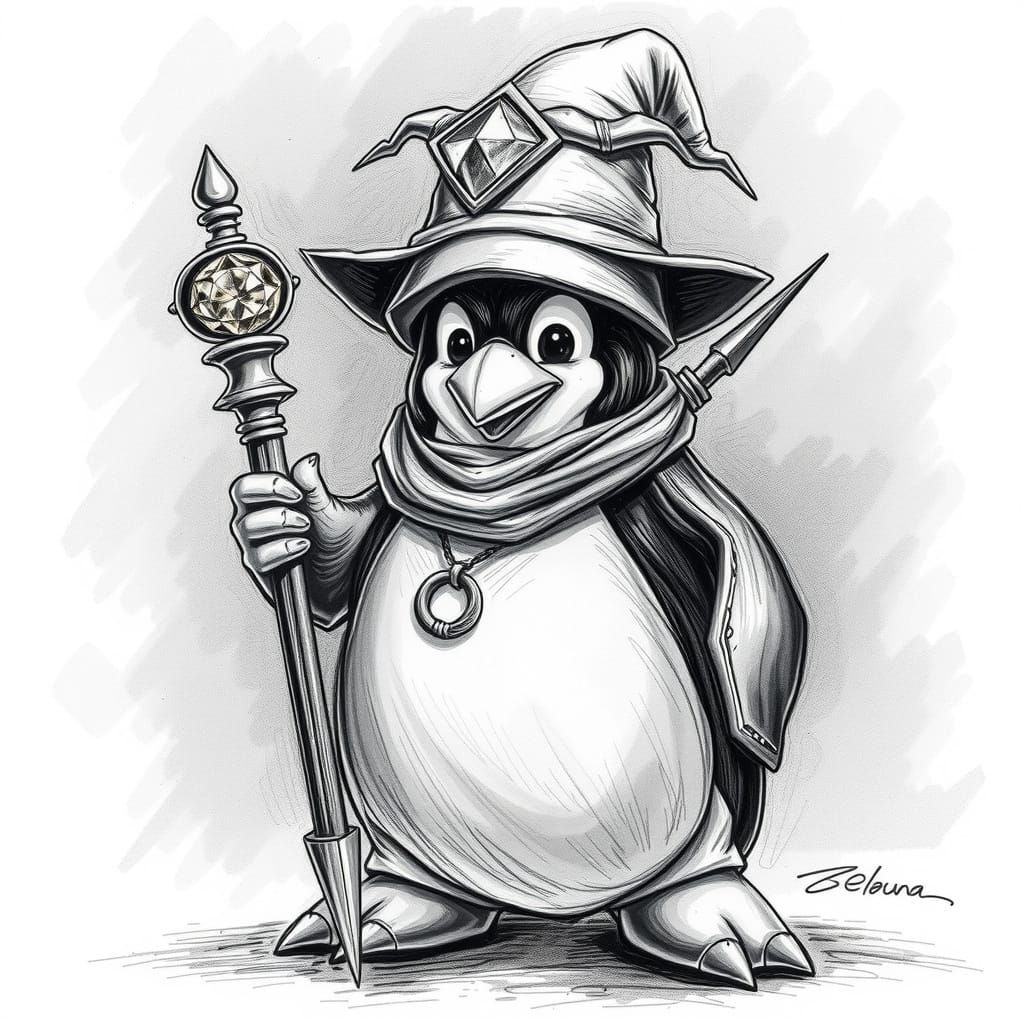 Sorcerer Penguin Master with Charcoal Drawing Detail