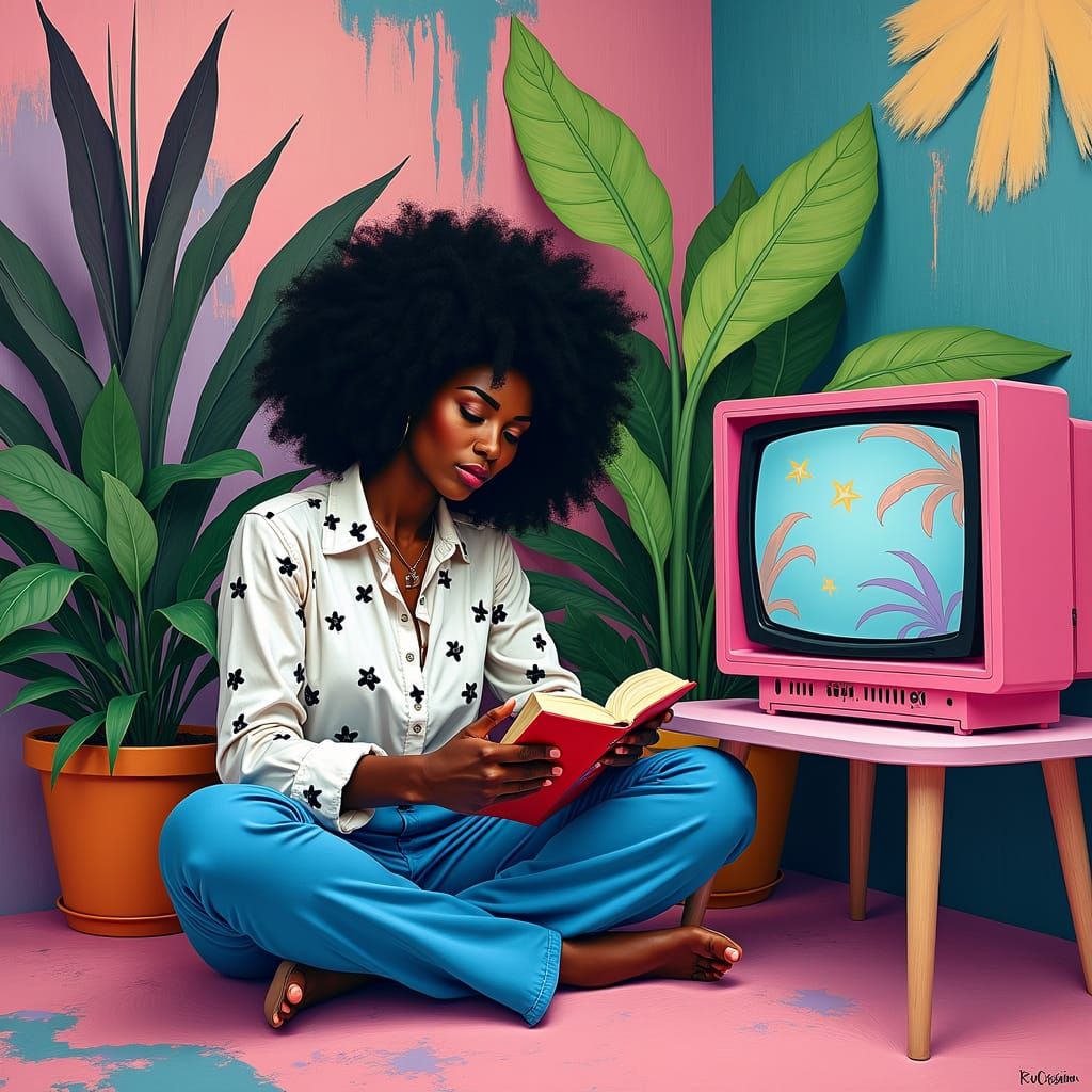 Colorful Abstract: Woman Reading in Lush, Vibrant Room