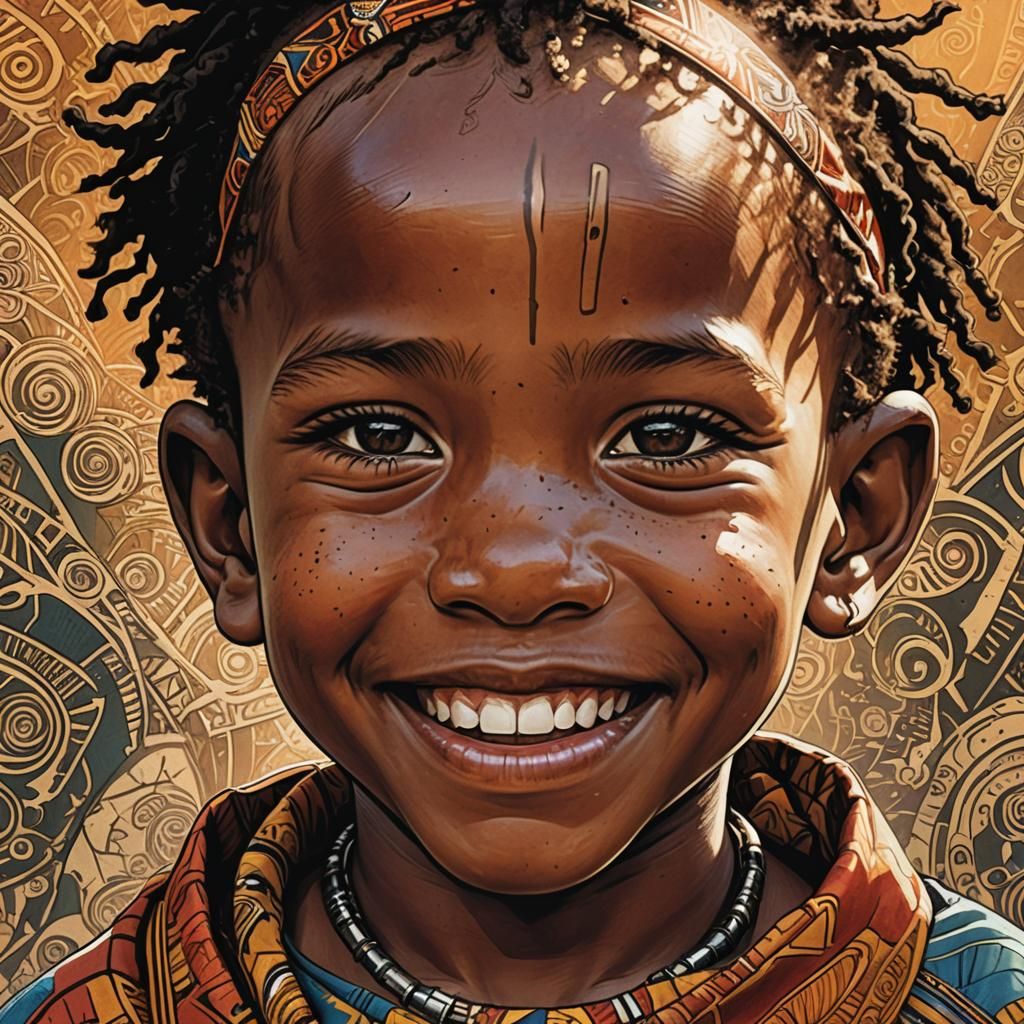 Smiling Khoi-San Child Portrait in Comic Book Style