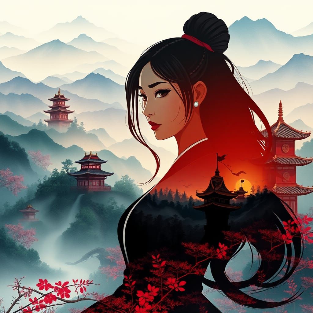 Mulan Silhouette in Fantasy Chinese Landscape