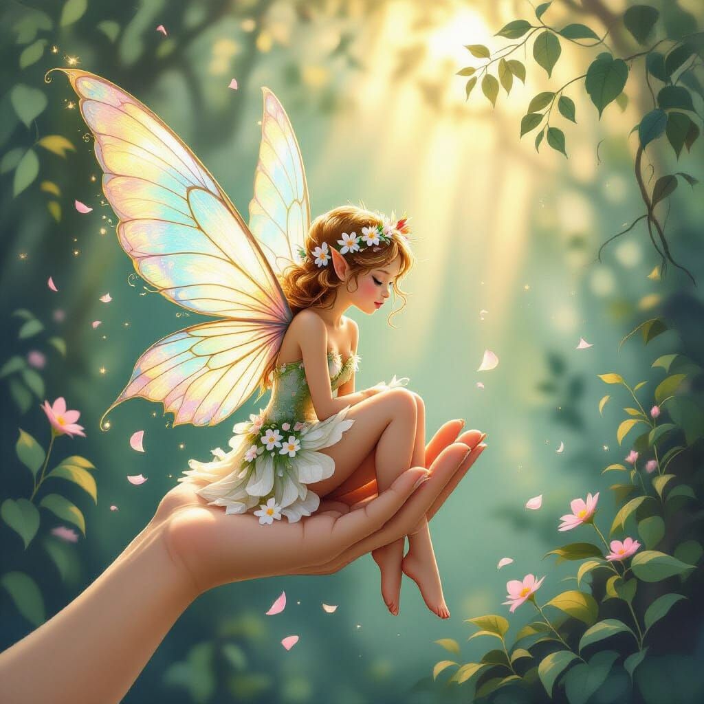 Ethereal Fairy Perched on Fingertip in Enchanted Forest
