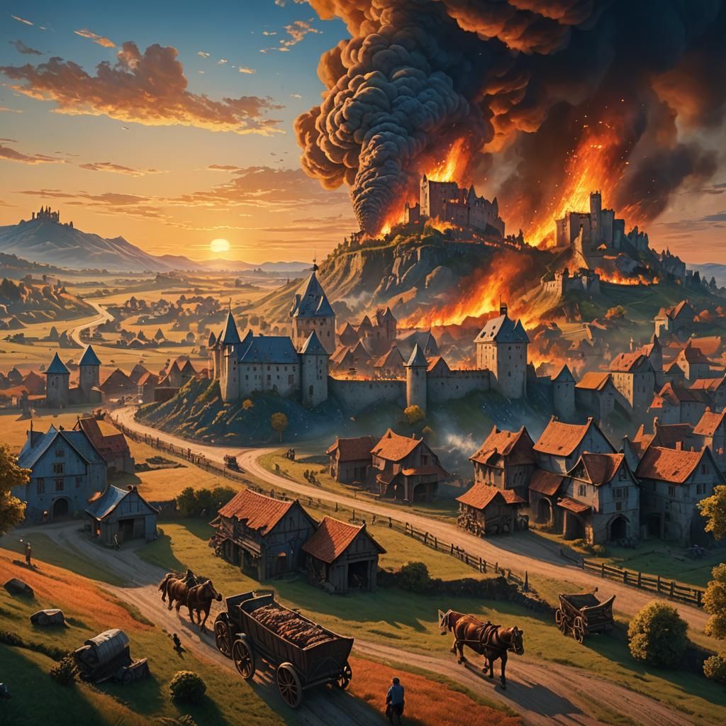 Epic Cavalry Charge Toward Burning Castle, Matte Painting