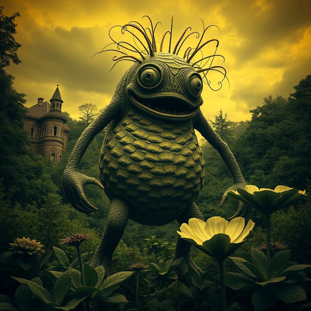 Bizarre Creature in Overgrown Garden