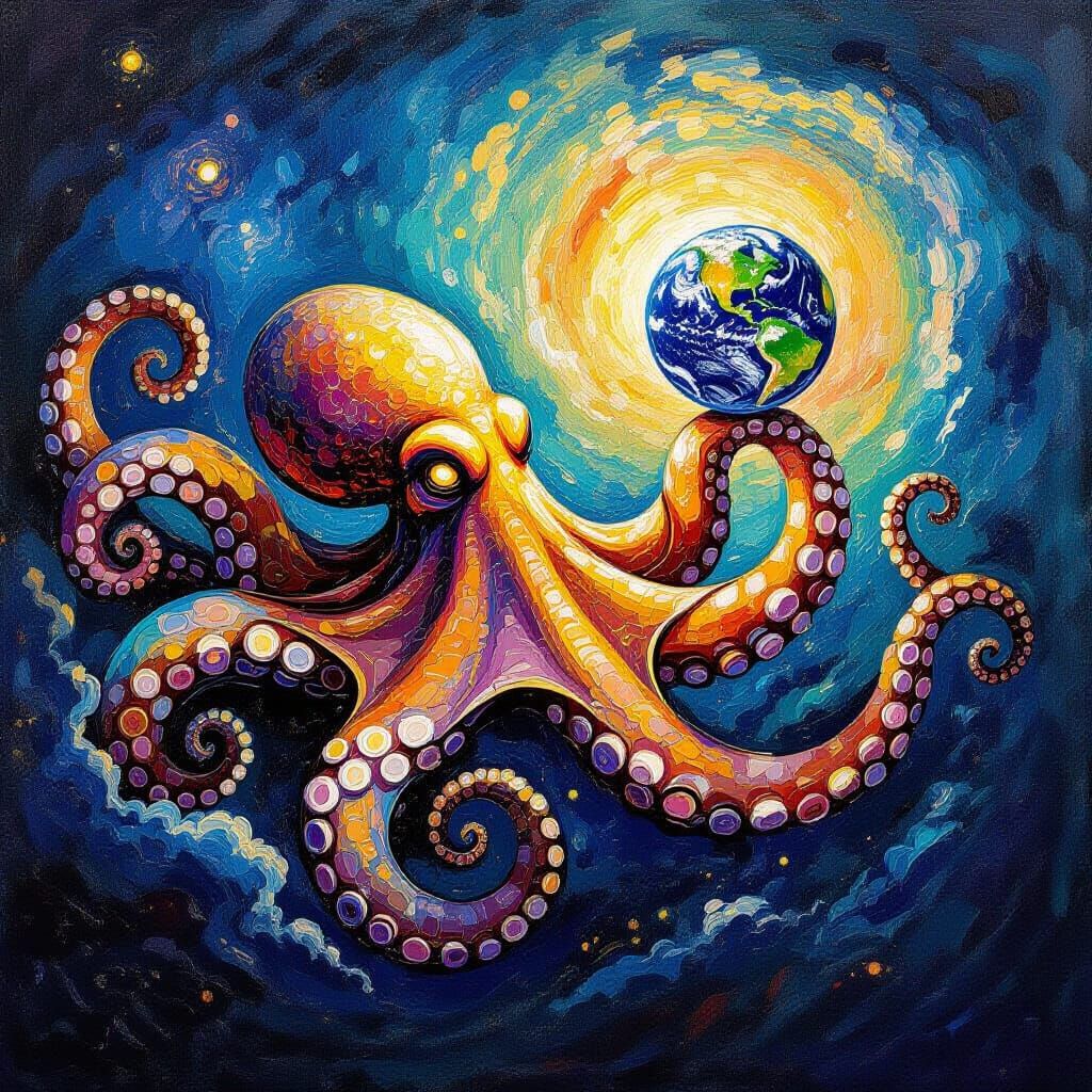 Cosmic Kraken Holds Glowing Earth in Nebula