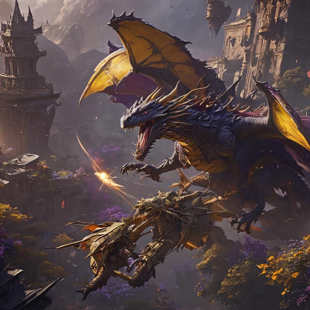 Dragon and Starship Fight: Dark Fantasy Concept Art