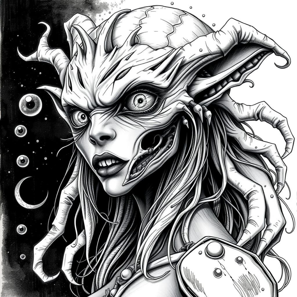 Warped Elf Sorceress Portrait in Monochrome Art