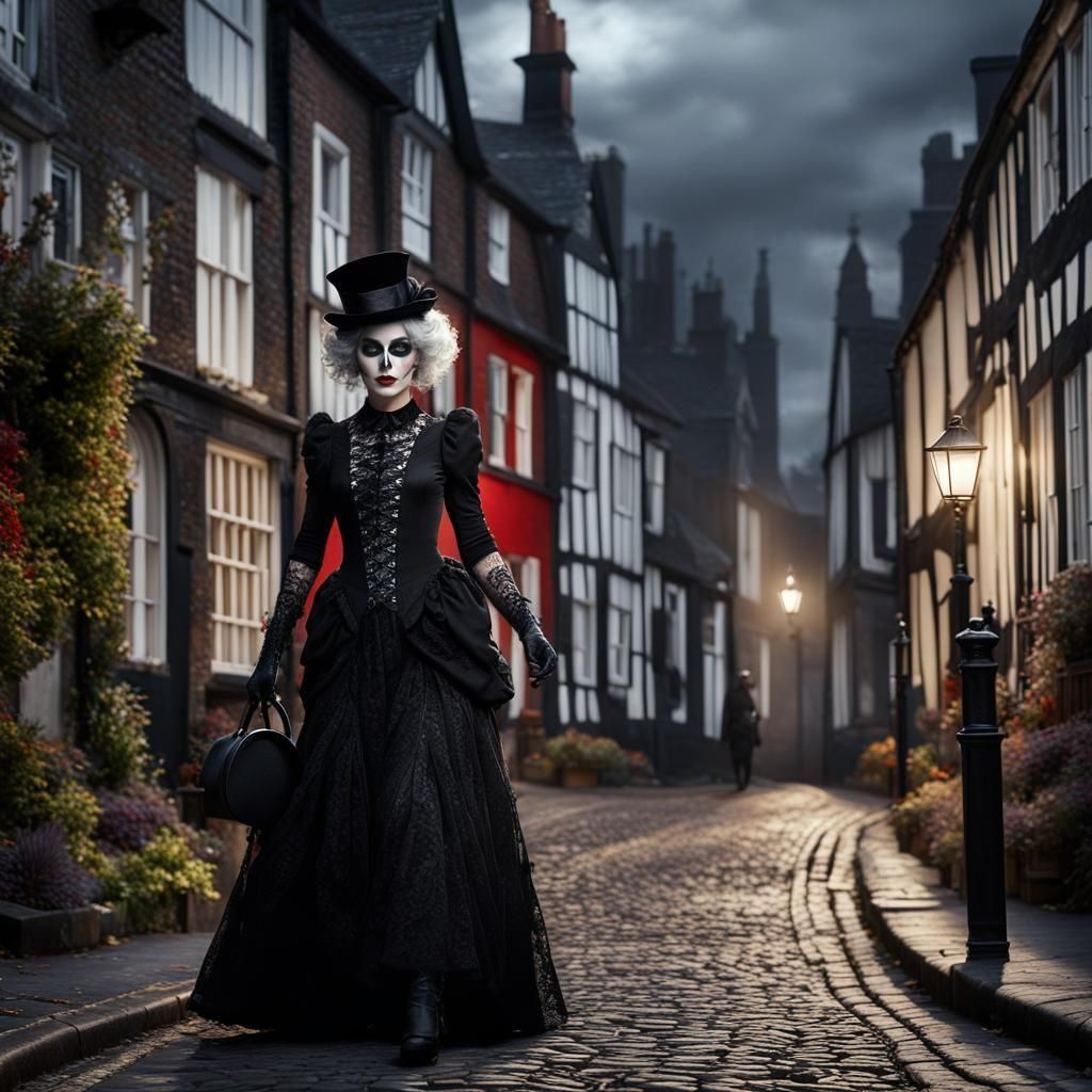 Elegant Gothic Woman Walks Cobbled Street at Night