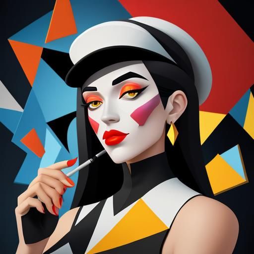 Cubist Girl with Cigarette, Hat, and Wine