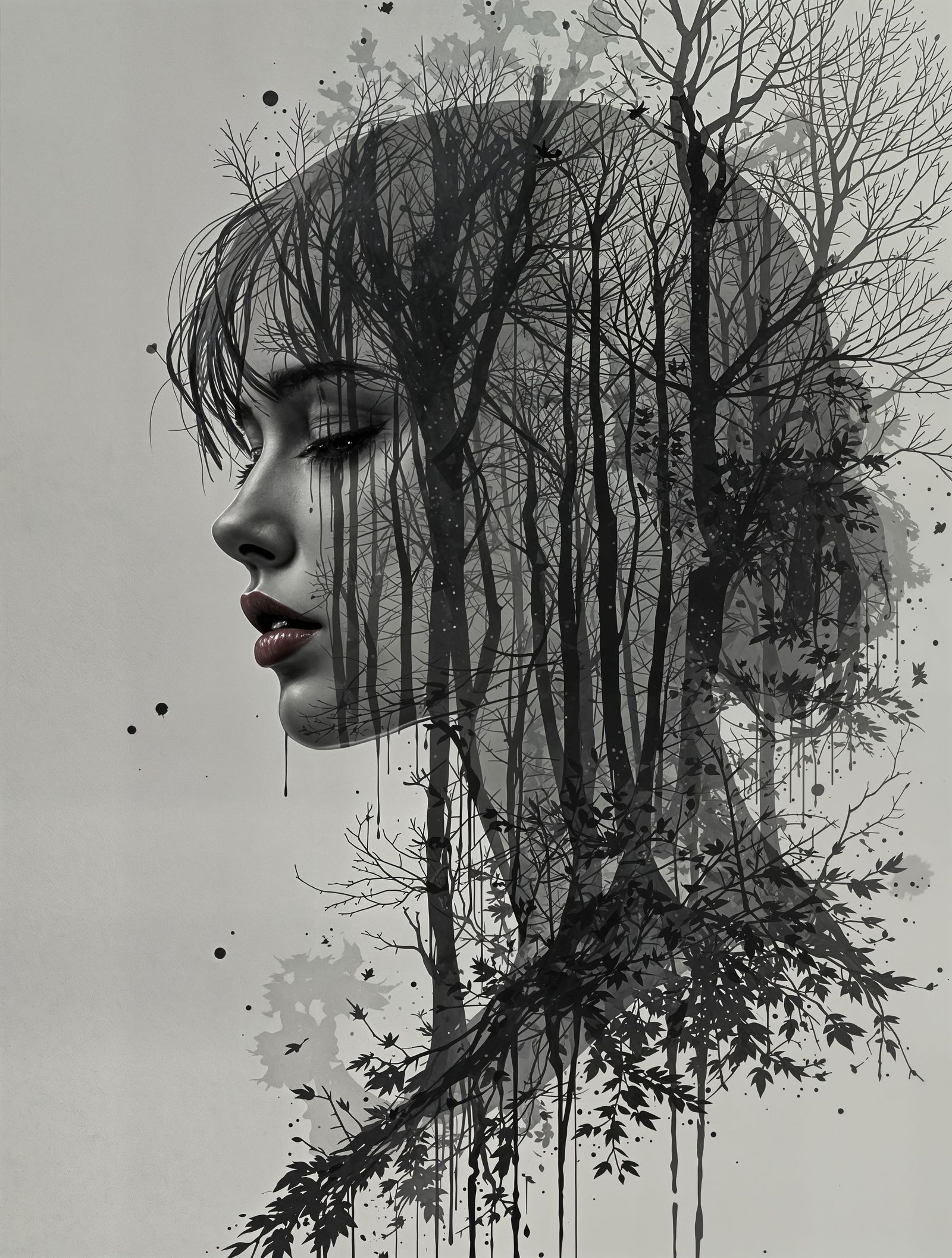 Soulful Portrait in a Dark, Gloomy Forest Landscape