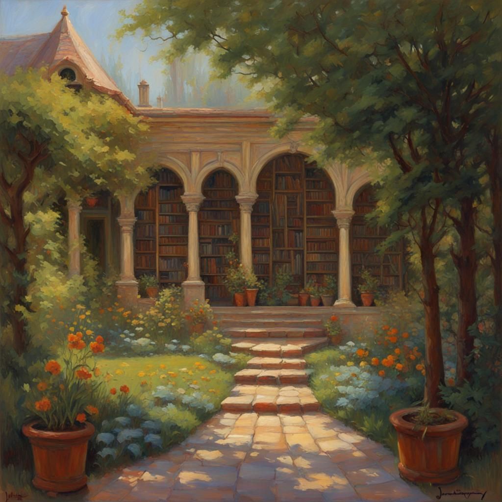 Harmonious Garden and Library Oil Painting