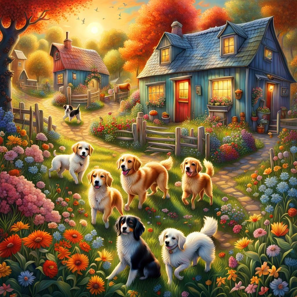 Enchanting Farmhouse Scene with Happy Children, Fantasy Art