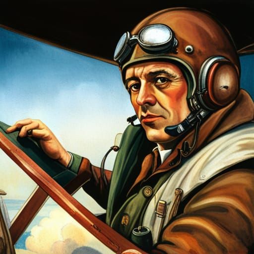 Pioneer Pilot in Biplane Cockpit over Blue Sky