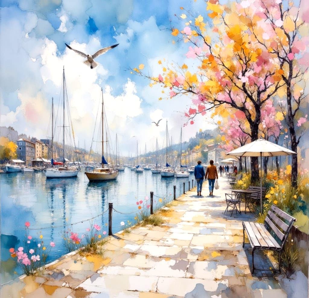 Pearly Pastel Spring Scene on Seaside Boardwalk