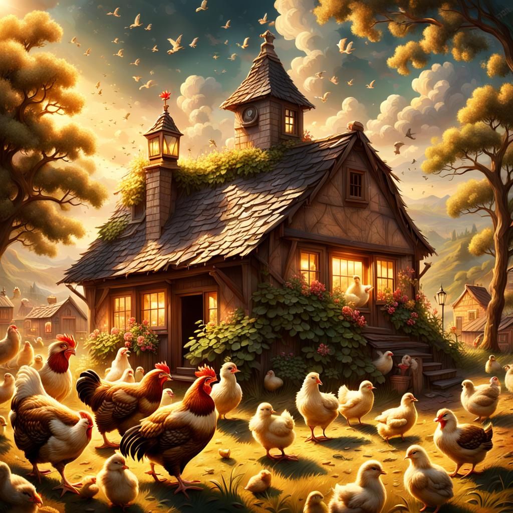Mother Hen and Chicks in Village Scene