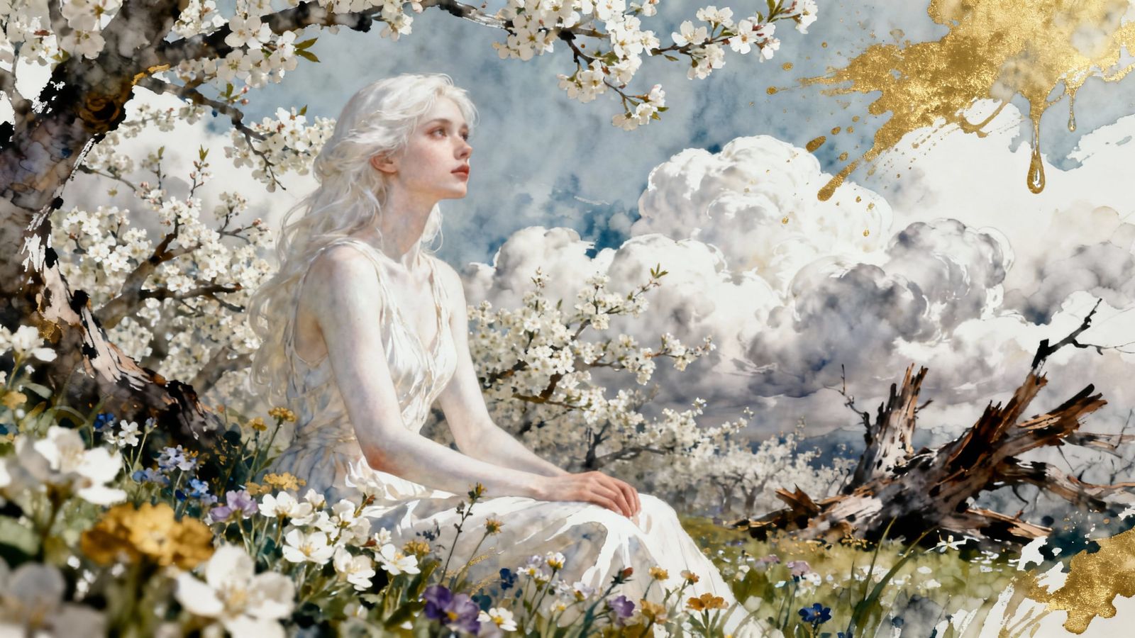 Woman in Surreal Spring Landscape, Watercolor and Ink Style