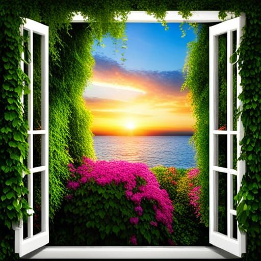 Sunset Sailboats Through Ivy Window in Graffiti Art