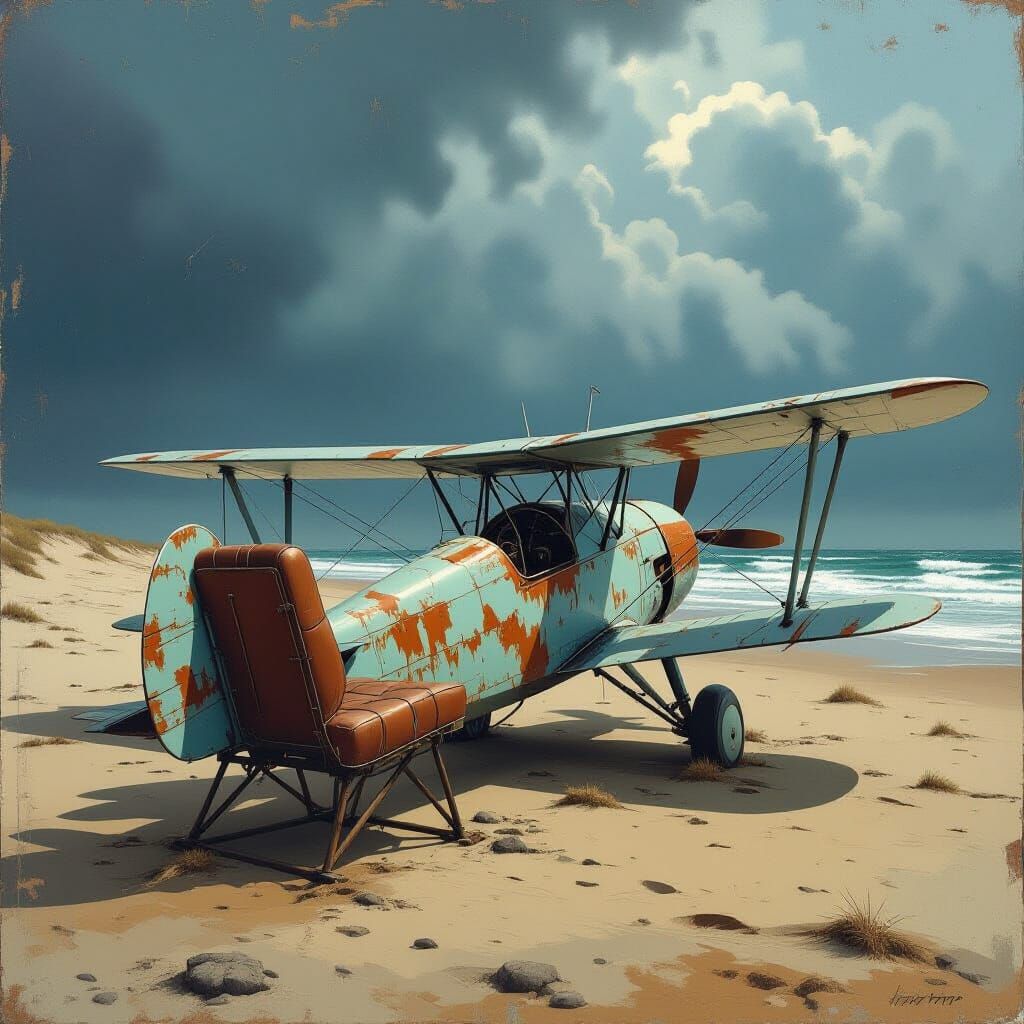 Weathered Biplane on Desolate Beach in Retro Sci-Fi Style