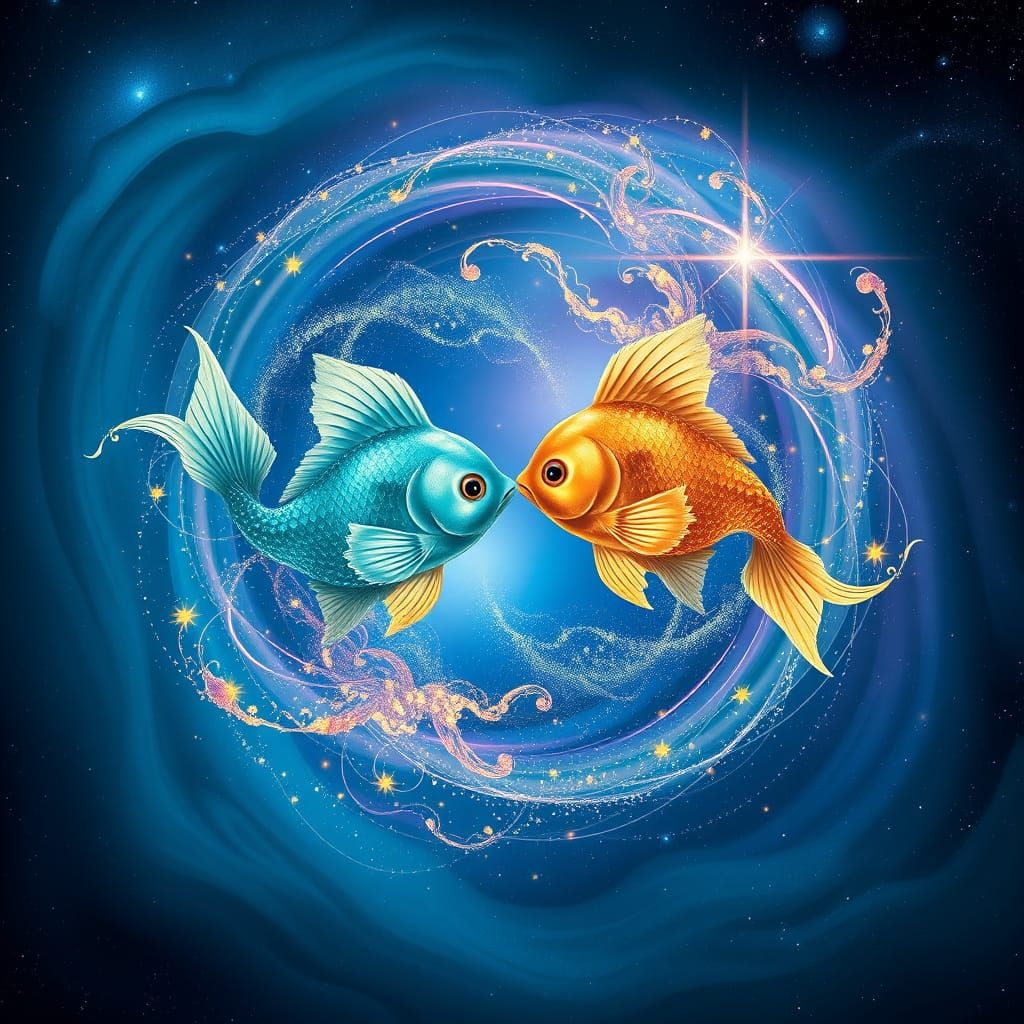 Cosmic Pisces Symbol Formed by Swimming Fish in Vibrant Turq...