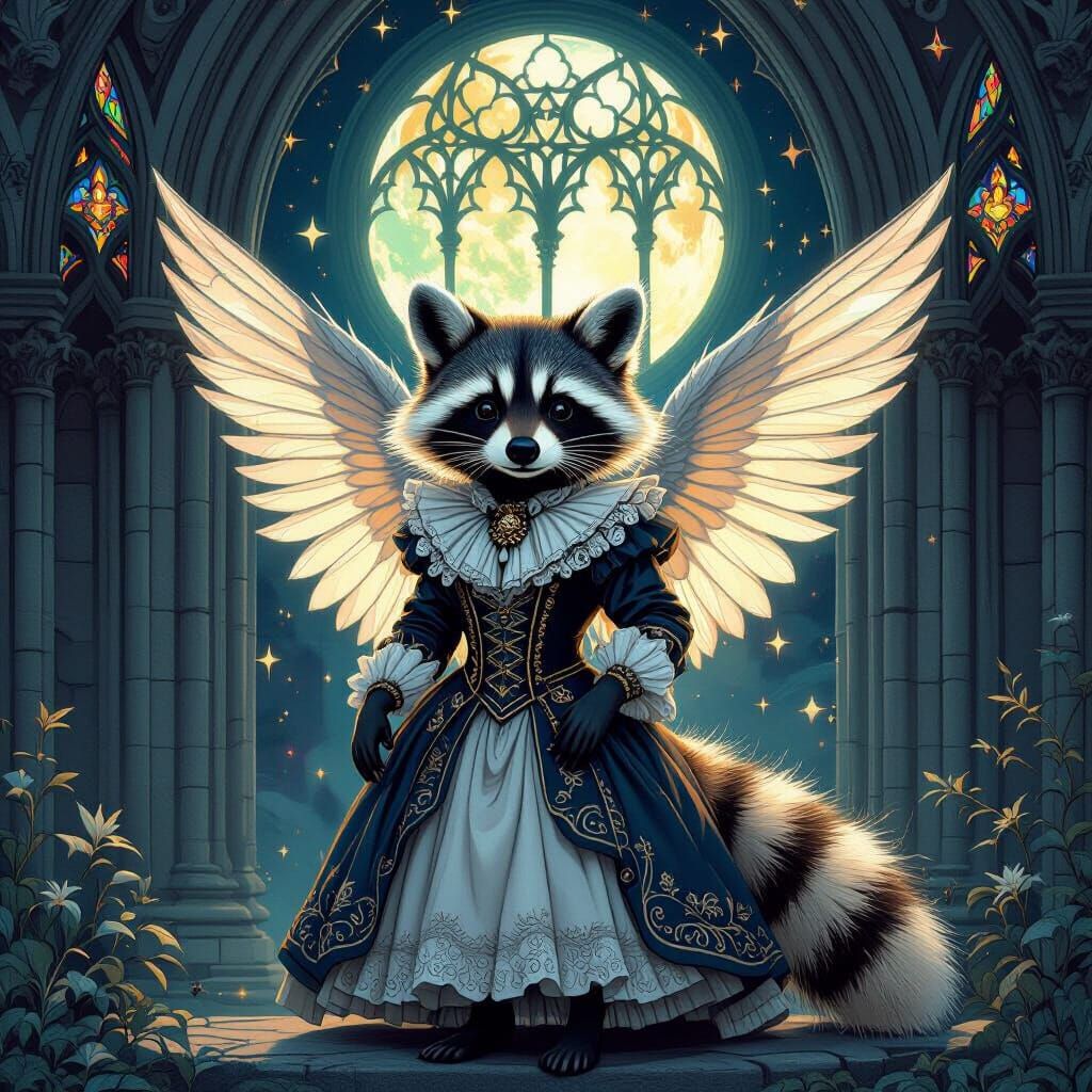 Victorian Raccoon with Angel Wings in Gothic Cathedral