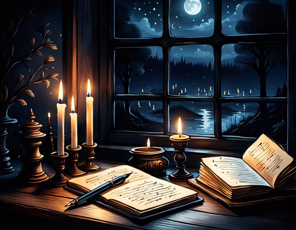Candlelit Diary at Night: Serene Ink Drawing