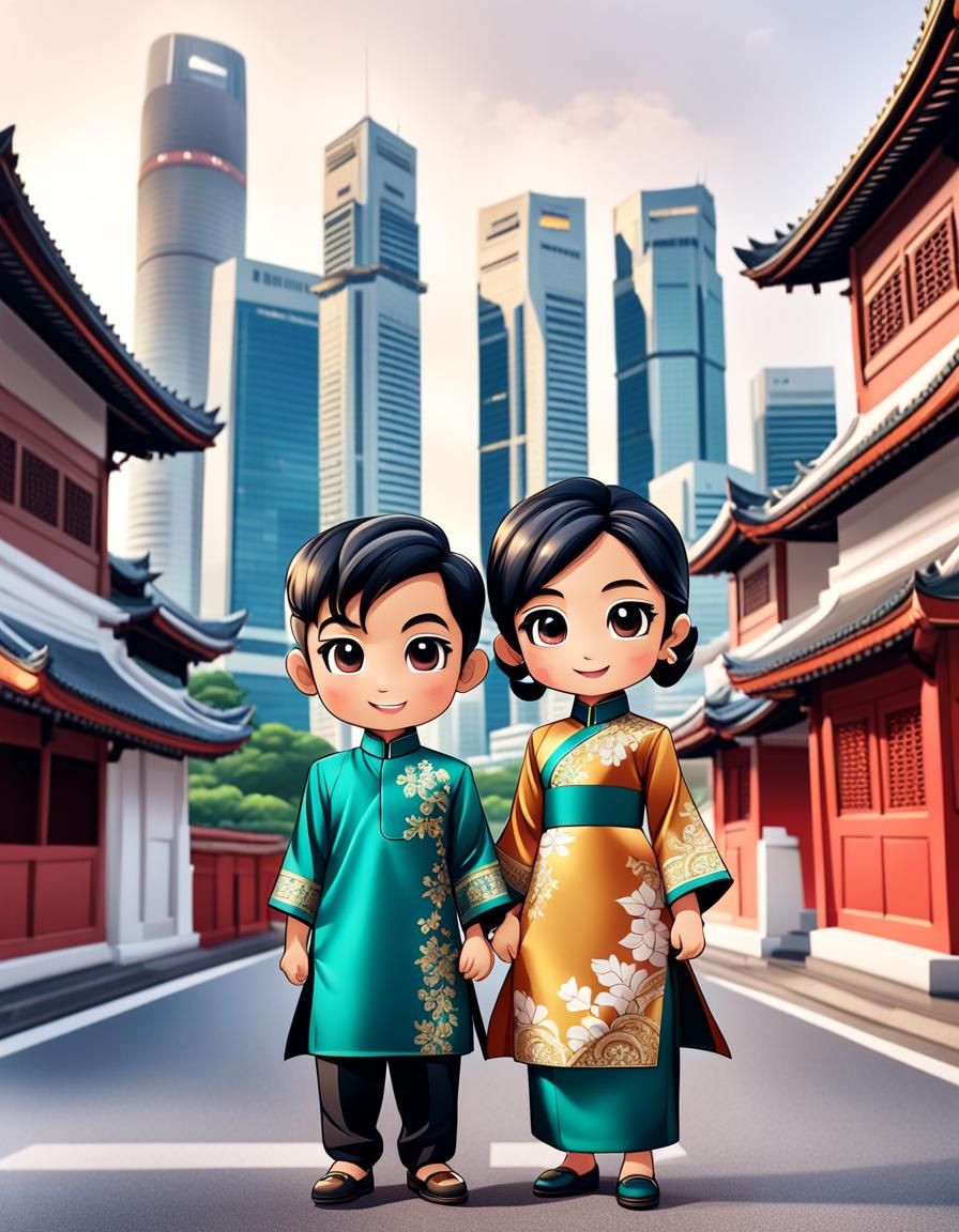 Chibi Characters in Singapore Cityscape: Digital Art