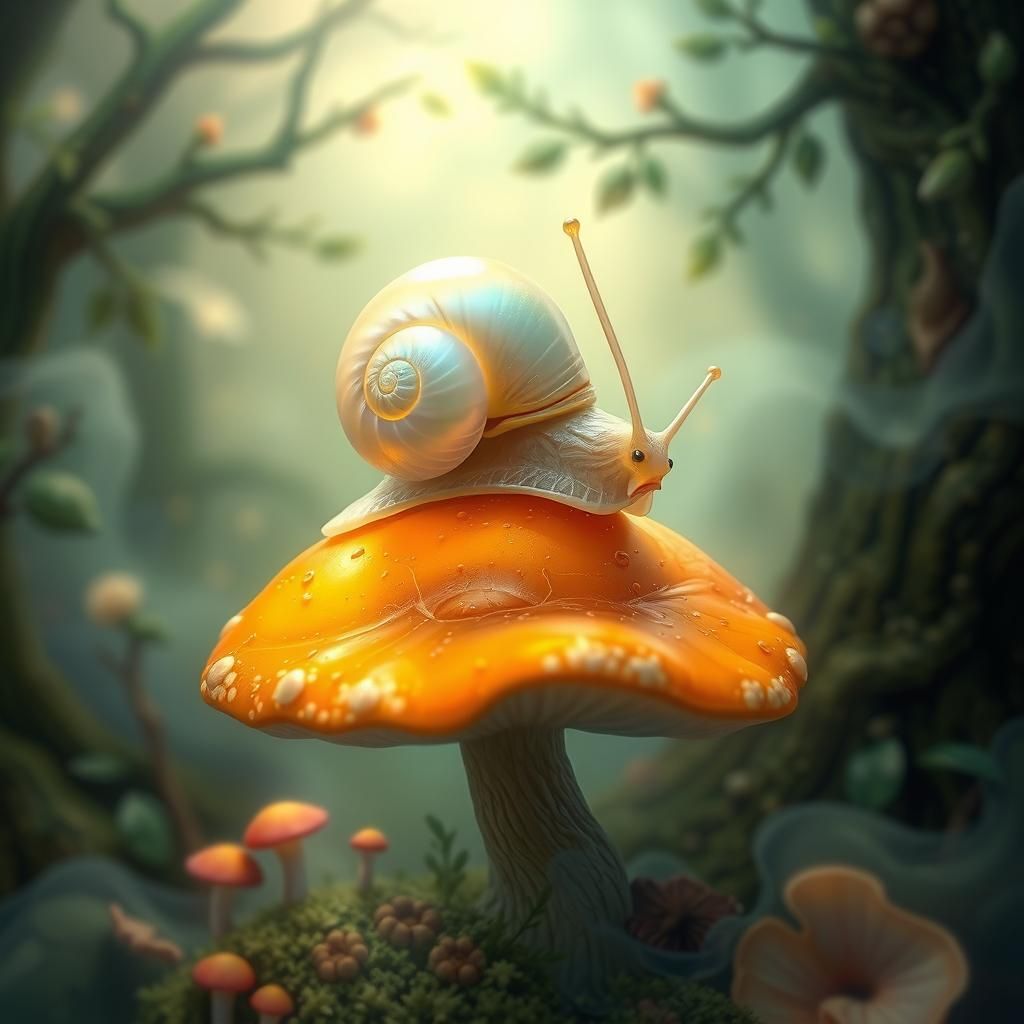 Luminous Snail on Mushroom in Ethereal Forest