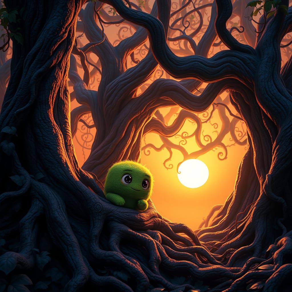Mystical Forest Cubemonster Basks in Sunset Glow
