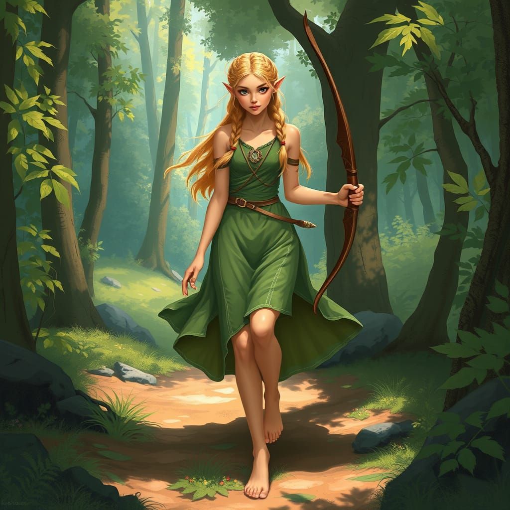 Half-Elf Archer in Lush Forest, Ethereal Art Style
