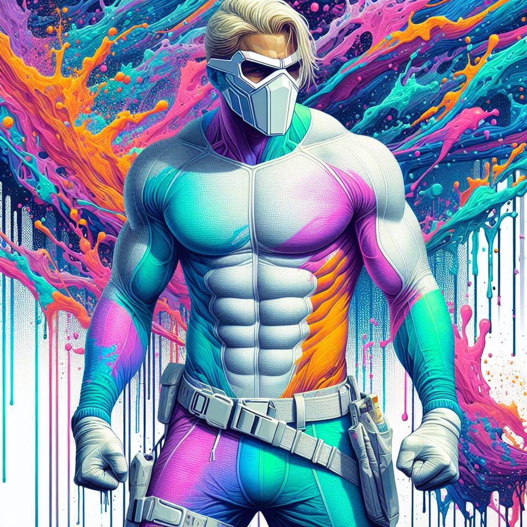 Muscular Hero in Polychromatic Graffiti Street Art
