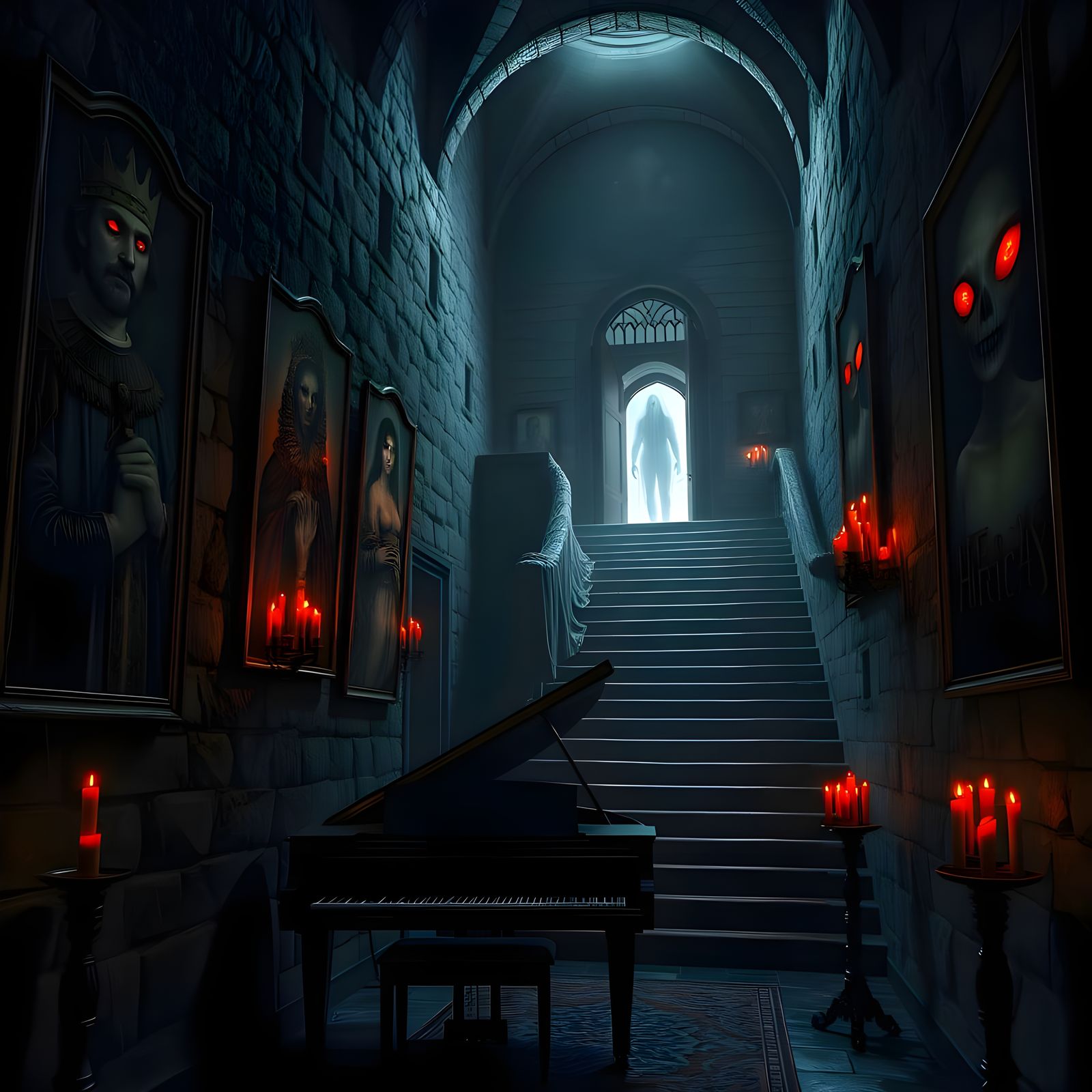 A gloomy  haunted hallway of a medevil castle with pictures ...