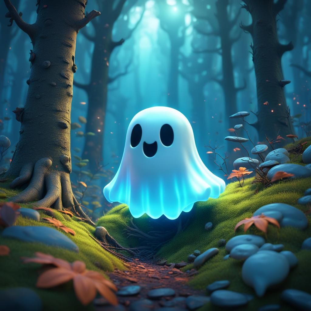 Happy Ghost in Enchanted Forest: 3D Digital Art