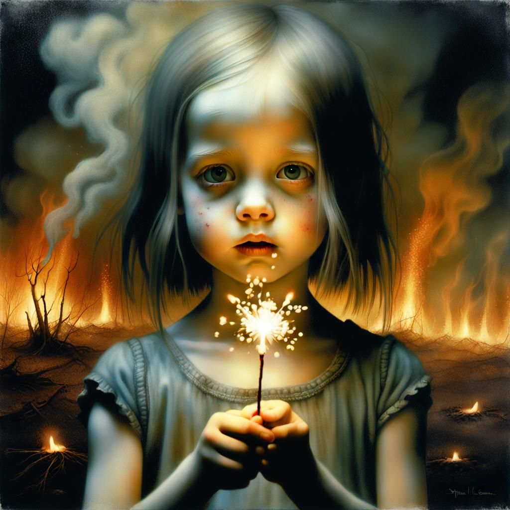 Surreal Girl with Sparkler in Burning Landscape