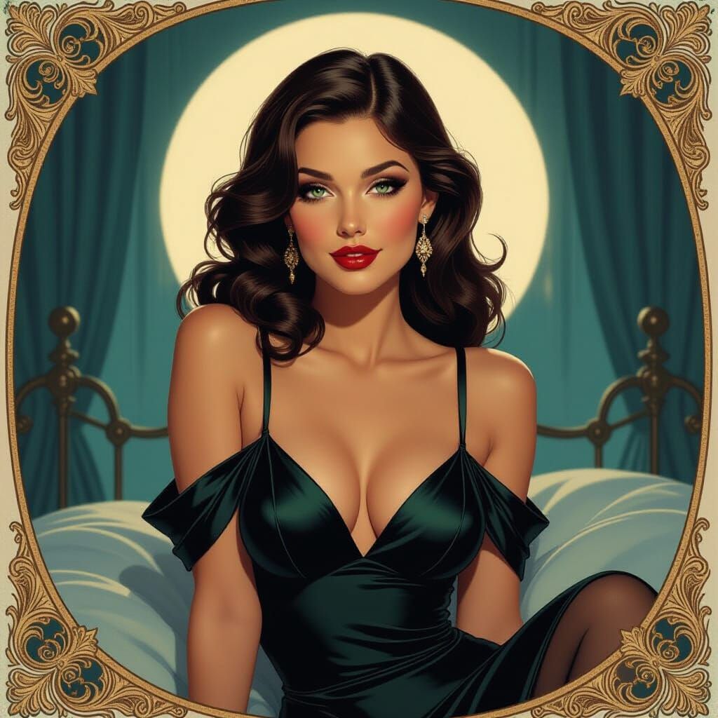 Sensual Woman Posing in Lavish Bedroom, Art Nouveau Style