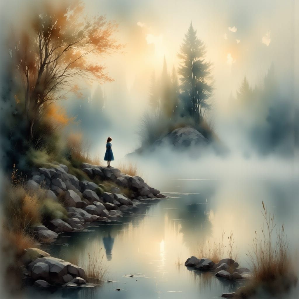 Misty Autumn Lake Scene in Romantic Style