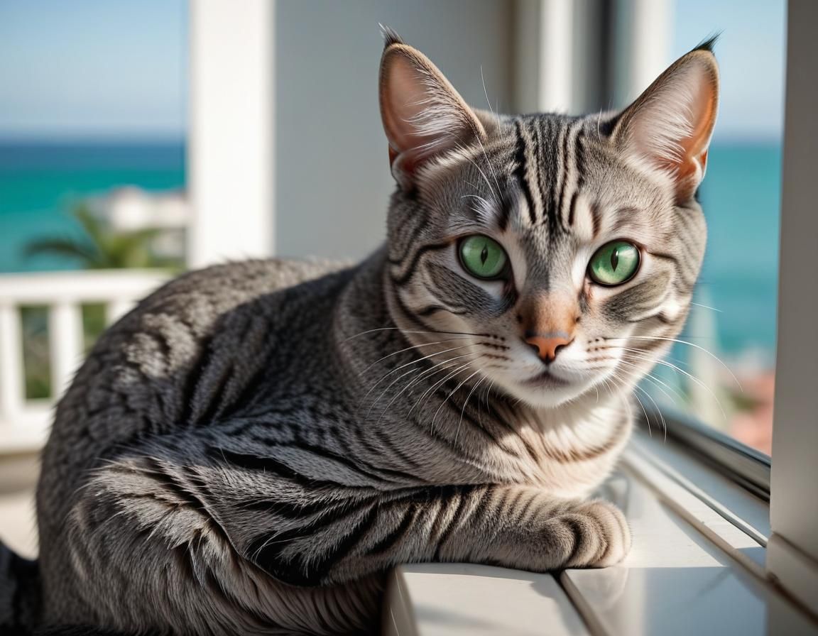 Grey Tabby Cat with Green Eyes in Apartment