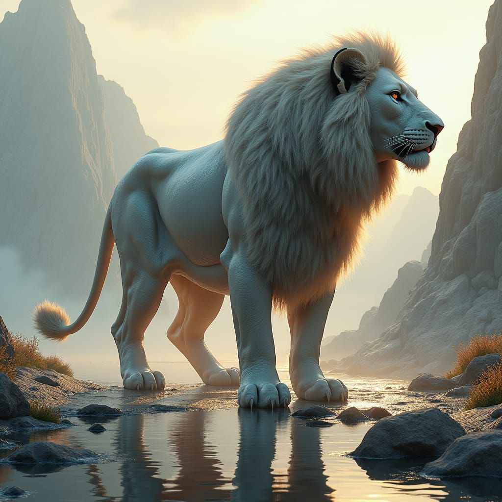 Majestic Mirrored Lion Walking on Mountain, Fantasy Art