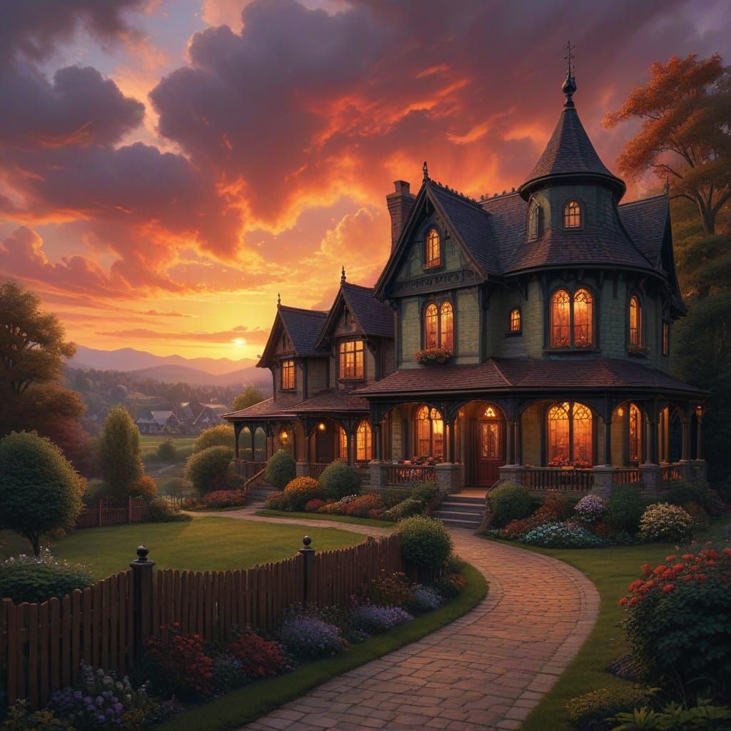 Romantic Sunset Village in a Whimsical Thomas Kinkade Style