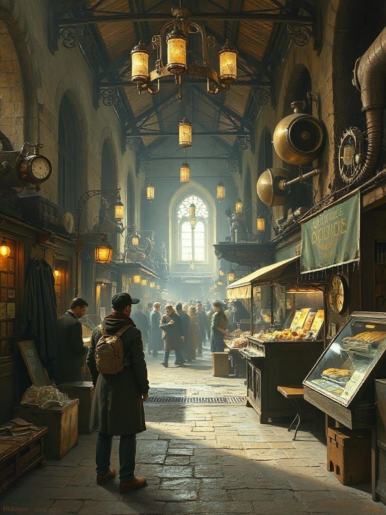 Steampunk Time Traveler in Medieval Marketplace