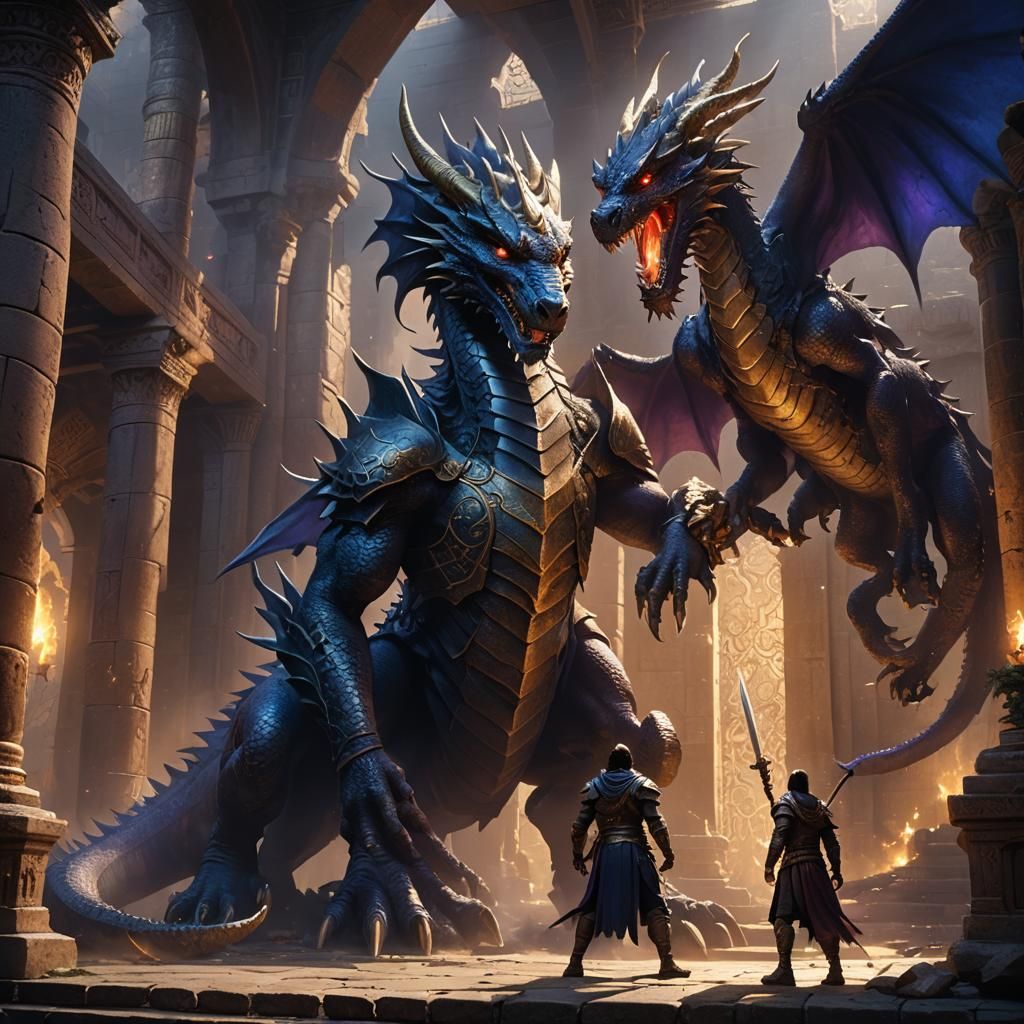 Warrior and Dragon Clash in Mystical Temple