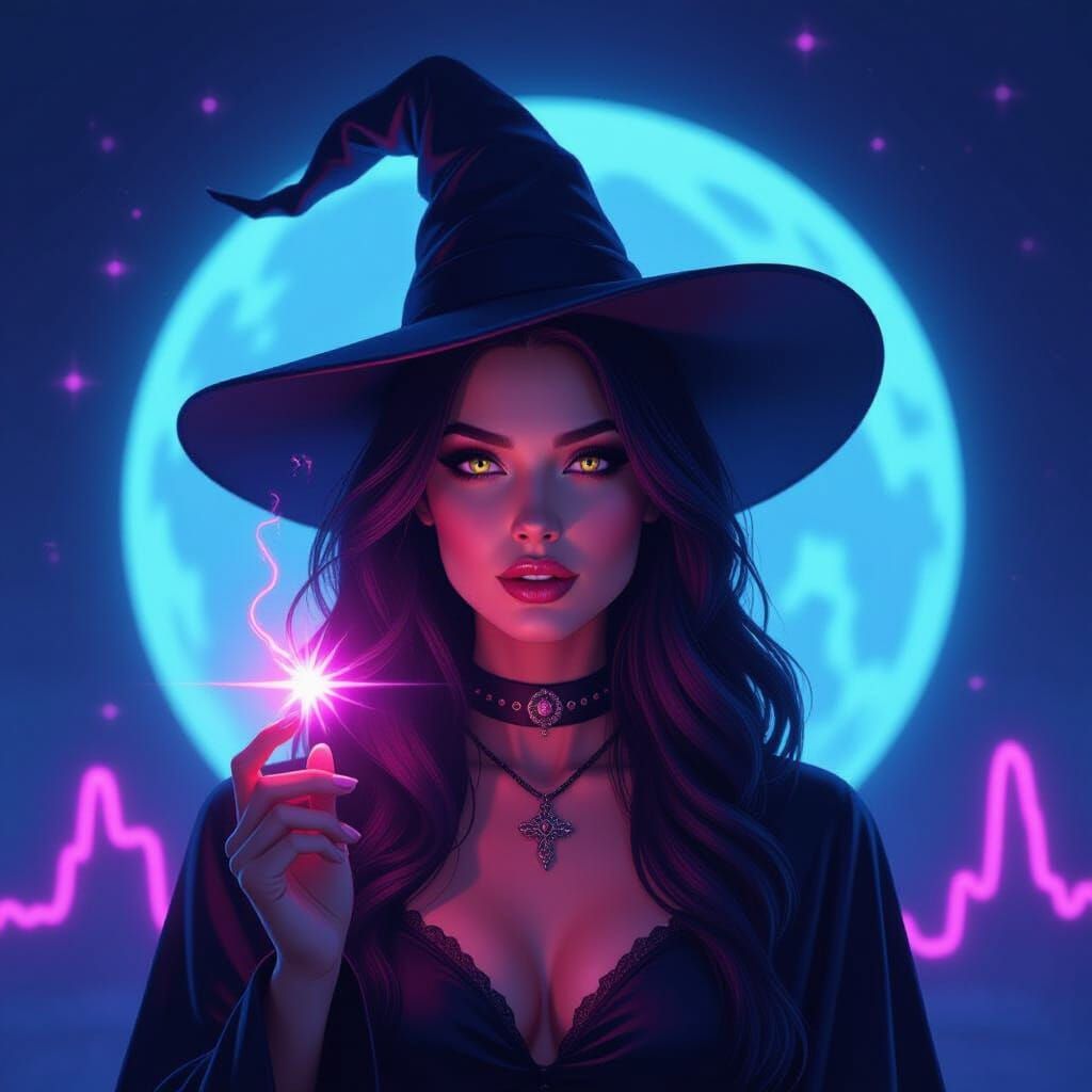 Black Witch Casting Spells in Neon Synthwave Style