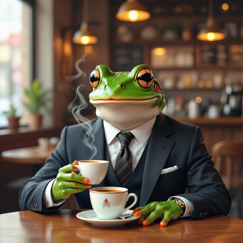 Frog in Suit Sipping Coffee, Digital Concept Art