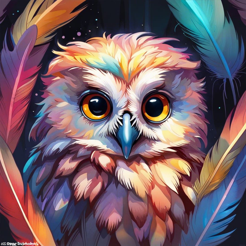 Glowing Baby Owl Portrait in Watercolor Style