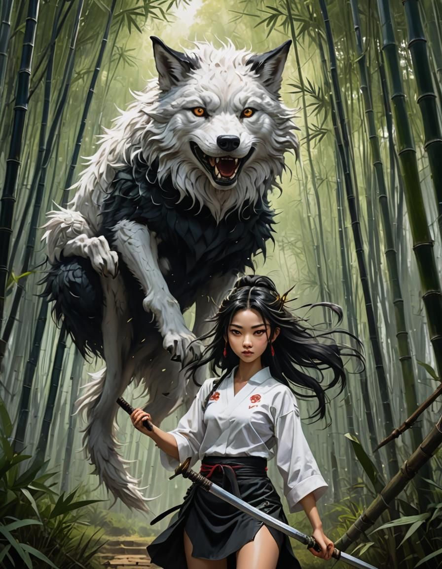 Whimsical Wolf Girl with Samurai Sword, Digital Painting