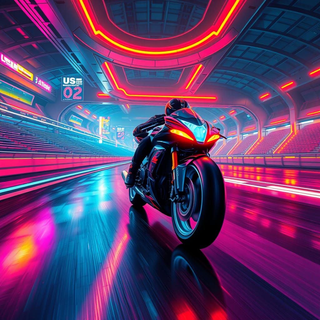 Neon-Lit Motorcycle Speeds Down Futuristic Racetrack
