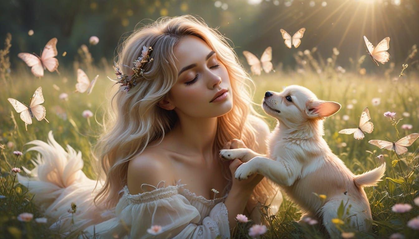 Whimsical Woman in a Lush Meadow with Puppies and Butterflie...