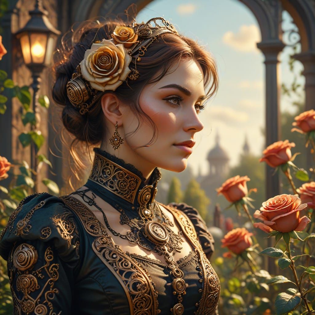 Steampunk Woman with Roses in Victorian Garden
