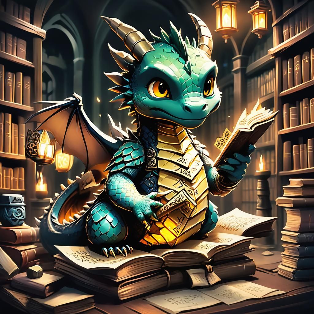 Chibi Dragon Keeper of Scrolls, Mystical Runes Aglow, Studio...